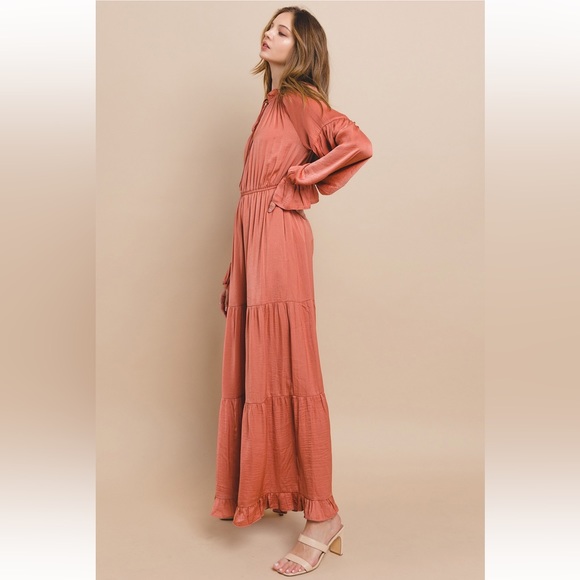 64 Beautiful Washed Satin Tie Front Tiered Maxi Dress - Picture 5 of 7